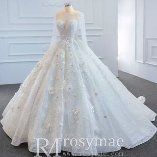 Sparkly 3D Flower Princess Wedding Dress with Long Sheer Sleeves - Rosymae