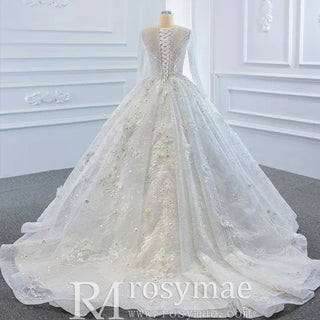 Sparkly 3D Flower Princess Wedding Dress with Long Sheer Sleeves - Rosymae
