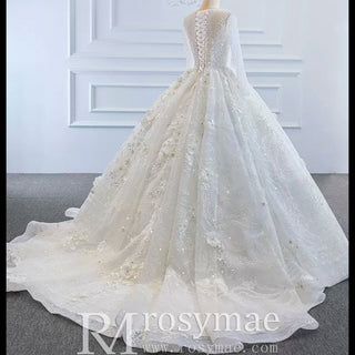 Sparkly 3D Flower Princess Wedding Dress with Long Sheer Sleeves - Rosymae