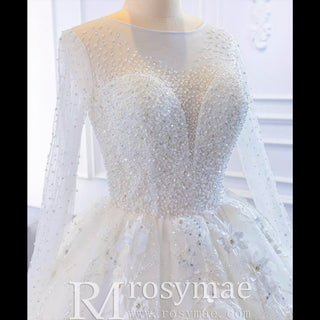 Sparkly 3D Flower Princess Wedding Dress with Long Sheer Sleeves - Rosymae