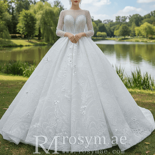Sparkly 3D Flower Princess Wedding Dress with Long Sheer Sleeves - Rosymae
