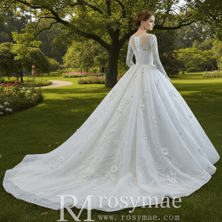 Sparkly 3D Flower Princess Wedding Dress with Long Sheer Sleeves - Rosymae