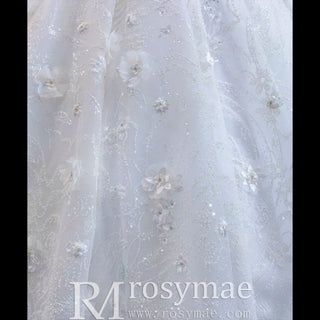 Sparkly 3D Flower Princess Wedding Dress with Long Sheer Sleeves - Rosymae