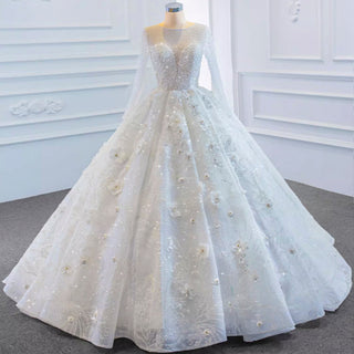 Sparkly 3D Flower Princess Wedding Dress with Long Sheer Sleeves - Rosymae
