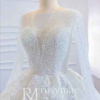 Sparkly 3D Flower Princess Wedding Dress with Long Sheer Sleeves - Rosymae