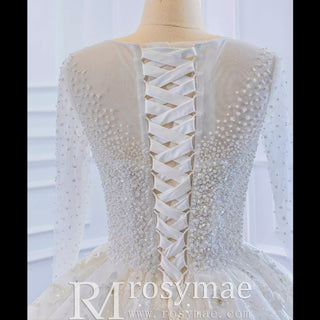 Sparkly 3D Flower Princess Wedding Dress with Long Sheer Sleeves - Rosymae