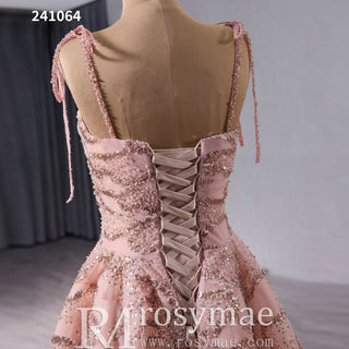 Sparkly A-line Blush Wedding Dress with Spaghetti Strap - Rosymae