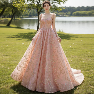 Sparkly A-line Blush Wedding Dress with Spaghetti Strap - Rosymae