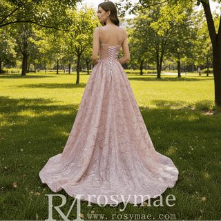 Sparkly A-line Blush Wedding Dress with Spaghetti Strap - Rosymae