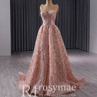 Sparkly A-line Blush Wedding Dress with Spaghetti Strap - Rosymae