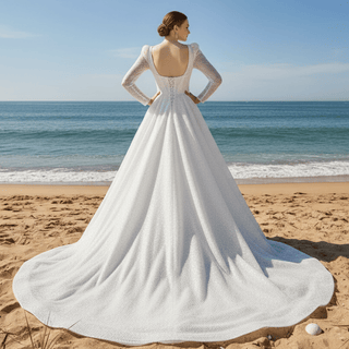 Sparkly A-line Open Back Wedding Dress with Long Sleeve - Rosymae