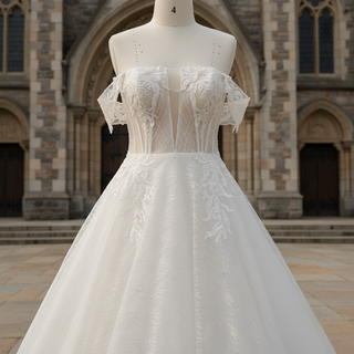 Trendy Sparkly Sheer Bodice A-line Wedding Dress with 3D Flowers