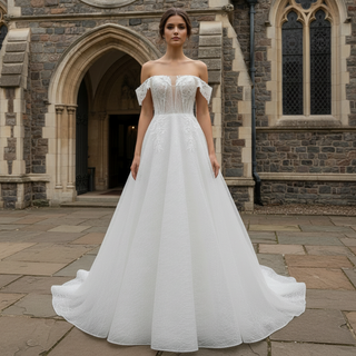 Trendy Sparkly Sheer Bodice A-line Wedding Dress with 3D Flowers