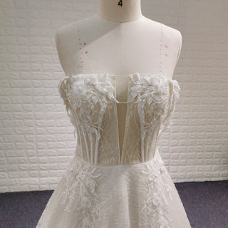 Trendy Sparkly Sheer Bodice A-line Wedding Dress with 3D Flowers