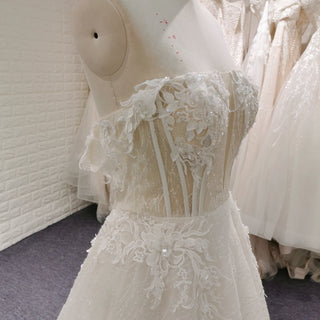 Trendy Sparkly Sheer Bodice A-line Wedding Dress with 3D Flowers