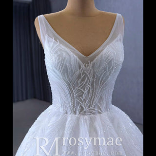 Sparkly Ball Gown Floor Length Wedding Dress with Vneck - Rosymae