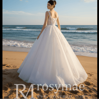 Sparkly Ball Gown Floor Length Wedding Dress with Vneck - Rosymae