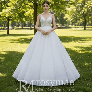 Sparkly Ball Gown Floor Length Wedding Dress with Vneck - Rosymae
