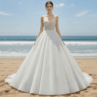 Sparkly Ball Gown Floor Length Wedding Dress with Vneck - Rosymae