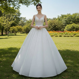 Sparkly Ball Gown Floor Length Wedding Dress with Vneck - Rosymae