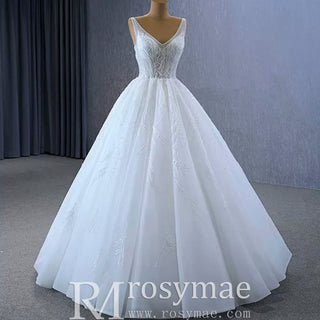 Sparkly Ball Gown Floor Length Wedding Dress with Vneck - Rosymae