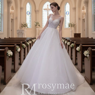 Sparkly Ball Gown Floor Length Wedding Dress with Vneck - Rosymae