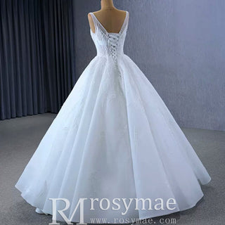 Sparkly Ball Gown Floor Length Wedding Dress with Vneck - Rosymae