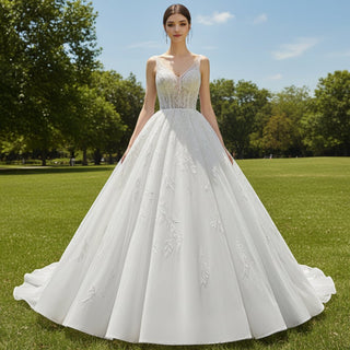 Sparkly Ball Gown Floor Length Wedding Dress with Vneck - Rosymae