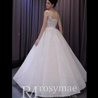 Sparkly Ball Gown Floor Length Wedding Dress with Vneck - Rosymae