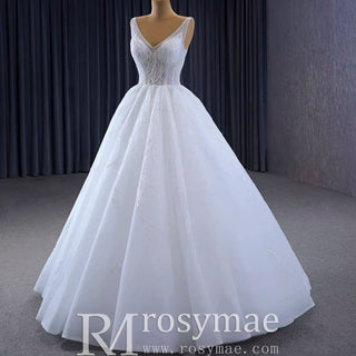 Sparkly Ball Gown Floor Length Wedding Dress with Vneck - Rosymae
