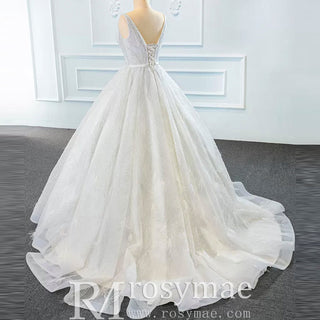 Sparkly Ball Gown Lace Vneck Wedding Dress with Feather - Rosymae