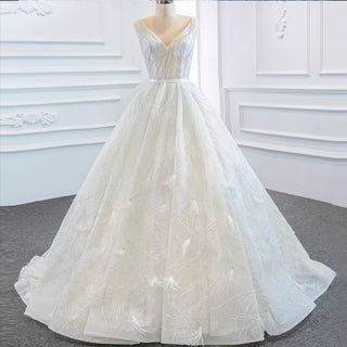 Sparkly Ball Gown Lace Vneck Wedding Dress with Feather - Rosymae