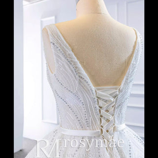 Sparkly Ball Gown Lace Vneck Wedding Dress with Feather - Rosymae