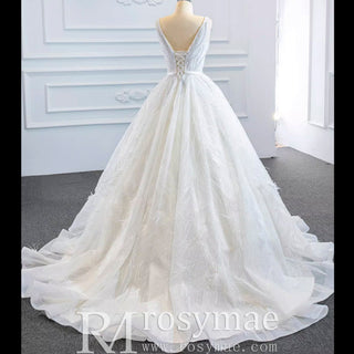 Sparkly Ball Gown Lace Vneck Wedding Dress with Feather - Rosymae