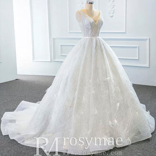 Sparkly Ball Gown Lace Vneck Wedding Dress with Feather - Rosymae
