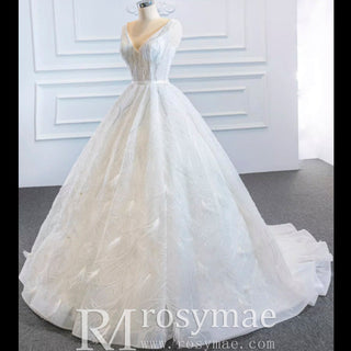 Sparkly Ball Gown Lace Vneck Wedding Dress with Feather - Rosymae