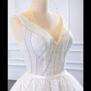 Sparkly Ball Gown Lace Vneck Wedding Dress with Feather - Rosymae