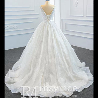 Sparkly Ball Gown Lace Vneck Wedding Dress with Feather - Rosymae