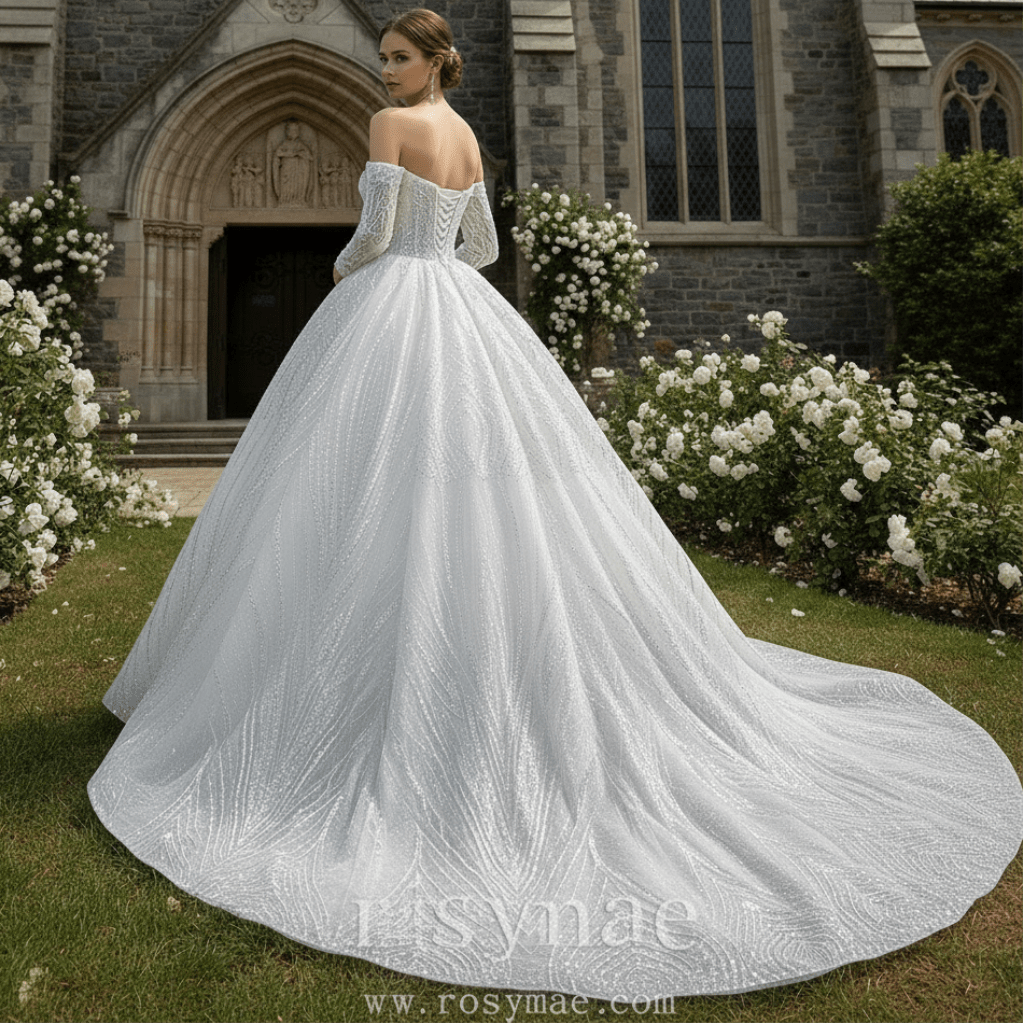Sparkly Ball Gown Long Sleeve Wedding Dress with Off the Shoulder - Rosymae