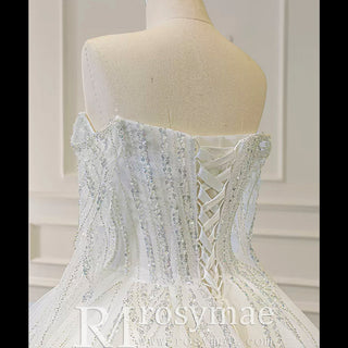 Sparkly Ball Gown Long Sleeve Wedding Dress with Off the Shoulder - Rosymae