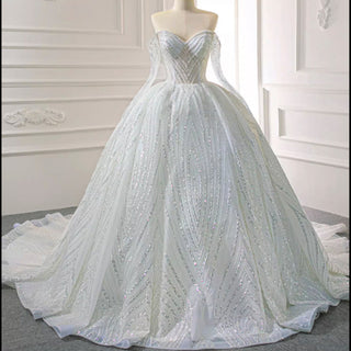 Sparkly Ball Gown Long Sleeve Wedding Dress with Off the Shoulder - Rosymae