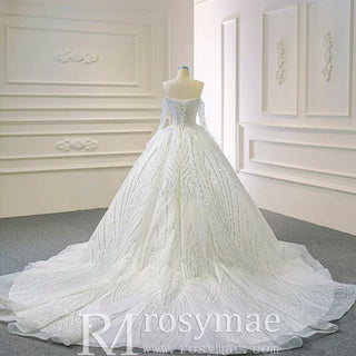 Sparkly Ball Gown Long Sleeve Wedding Dress with Off the Shoulder - Rosymae