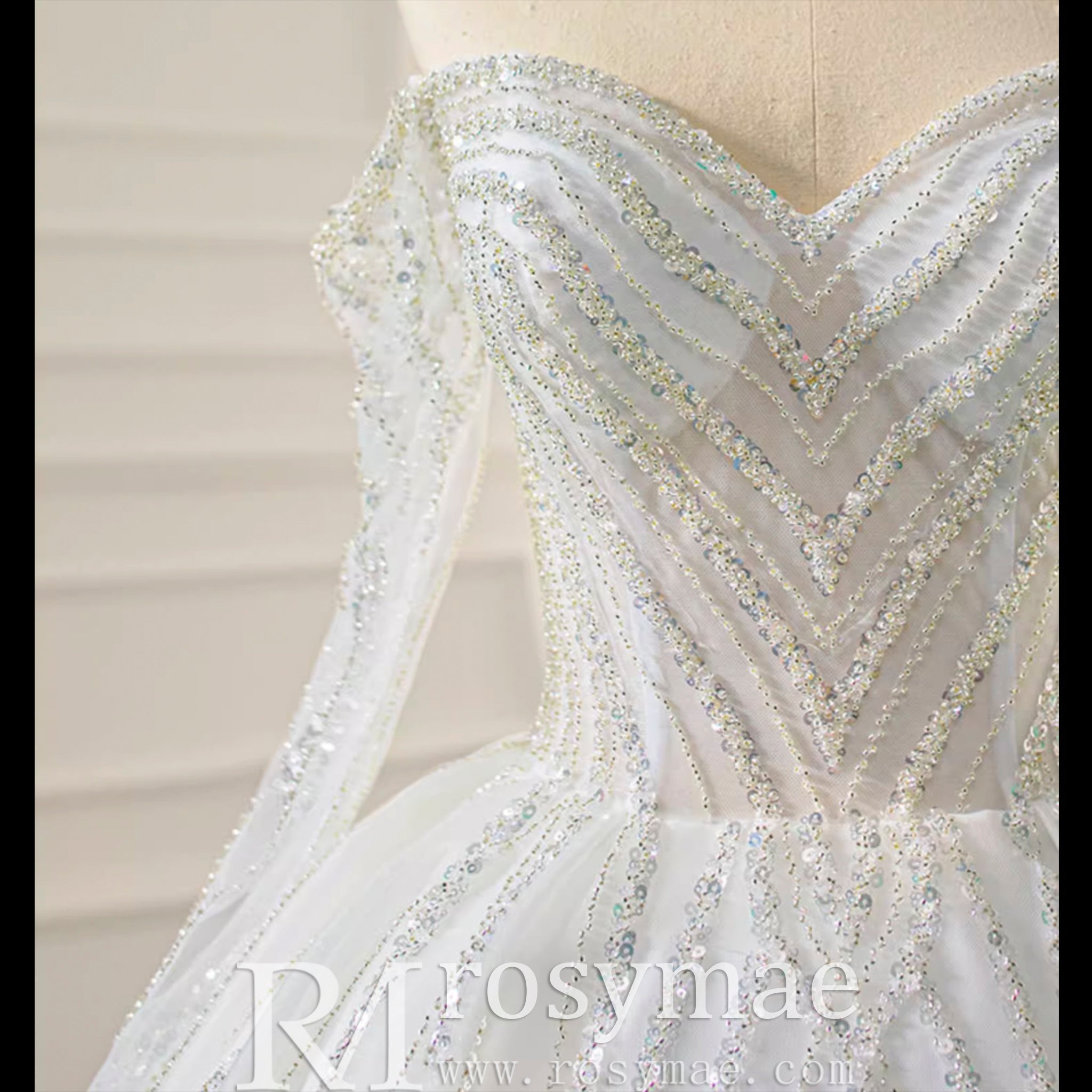 Sparkly Ball Gown Long Sleeve Wedding Dress with Off the Shoulder - Rosymae