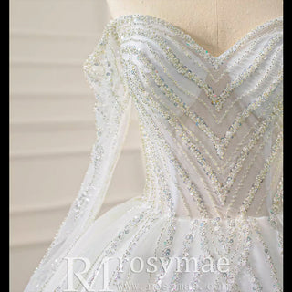 Sparkly Ball Gown Long Sleeve Wedding Dress with Off the Shoulder - Rosymae