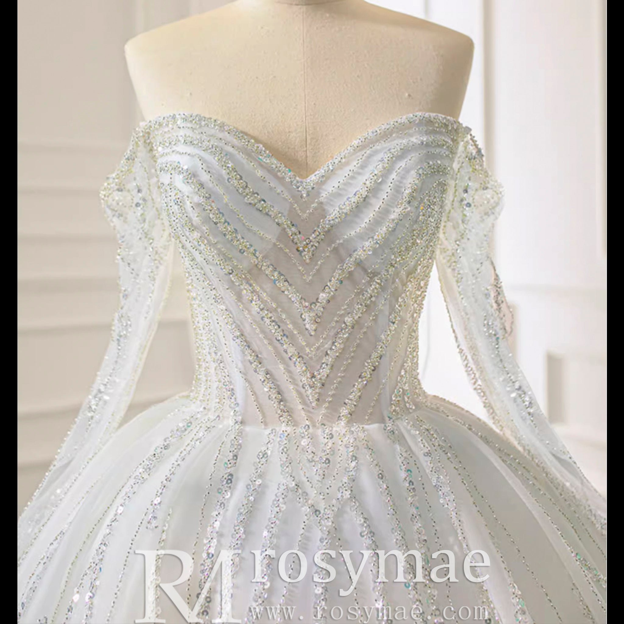 Sparkly Ball Gown Long Sleeve Wedding Dress with Off the Shoulder - Rosymae