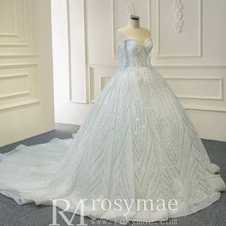Sparkly Ball Gown Long Sleeve Wedding Dress with Off the Shoulder - Rosymae