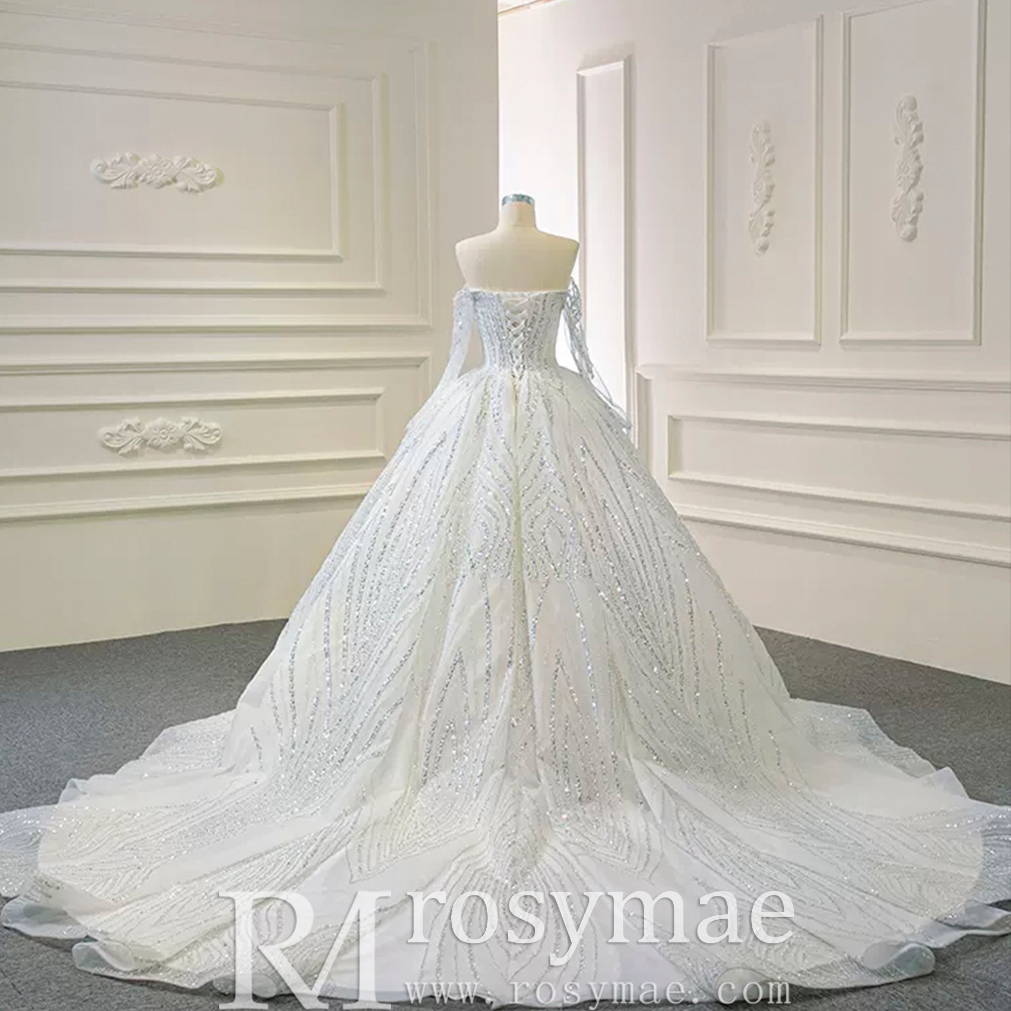 Sparkly Ball Gown Long Sleeve Wedding Dress with Off the Shoulder - Rosymae