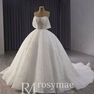 Sparkly Ball Gown Off the Shoulder Wedding Dress with Sheer Bodice - Rosymae