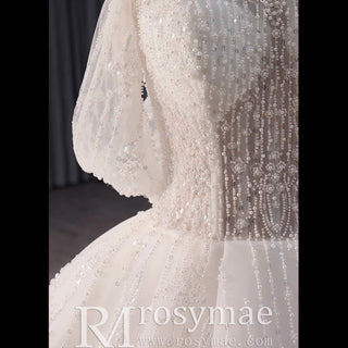 Sparkly Ball Gown Off the Shoulder Wedding Dress with Sheer Bodice - Rosymae