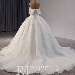 Sparkly Ball Gown Off the Shoulder Wedding Dress with Sheer Bodice - Rosymae